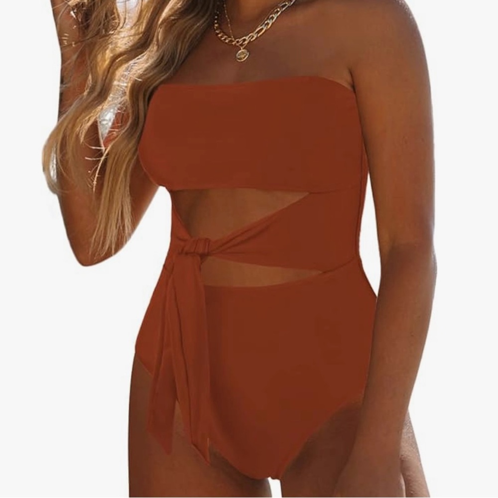 Viottiset Bandeau One Piece Swimsuit MEDIUM Strapless Tie Cut Out Burnt Orange